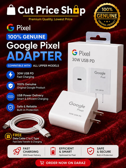 100% Genuine Google Pixel 30W USB-C PD Fast Charger Adapter with Free Type-C to Type-C Data Cable