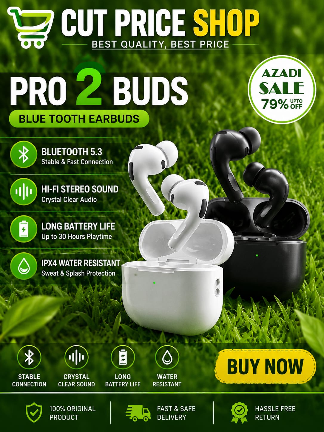 Pro 2 Buds Wireless Bluetooth Earbuds - IPX4 Water Resistant & Hi-Fi Stereo Sound